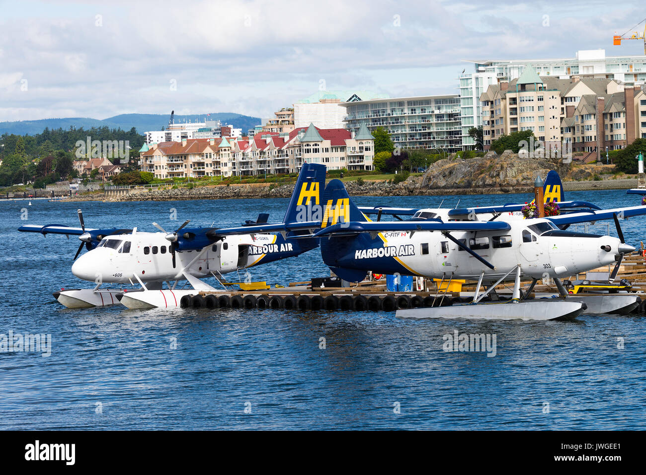 Idrovolanti colorato nella zona del Porto Interno di Victoria con traghetti e battelli sull'Isola di Vancouver British Columbia Canada Foto Stock