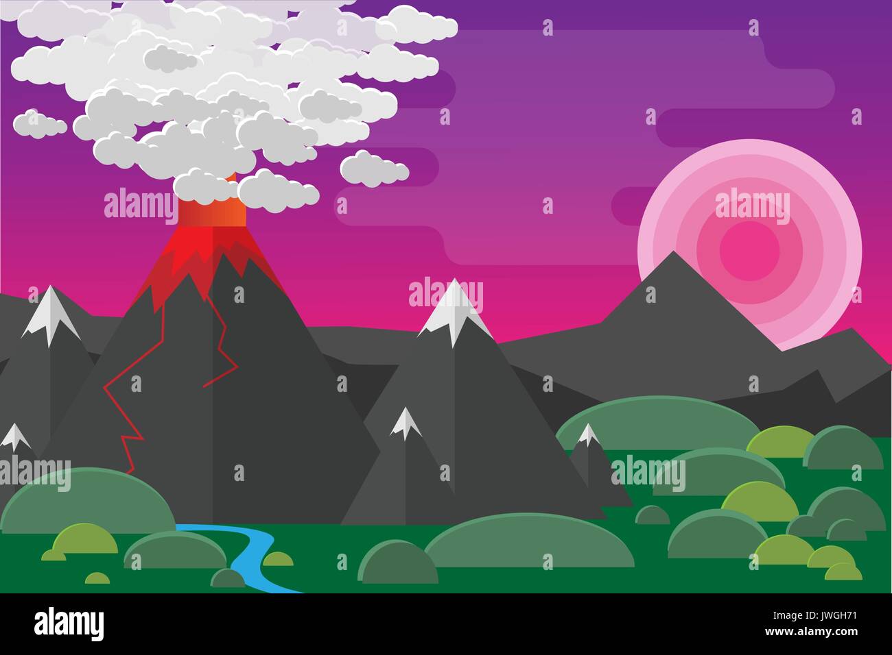 Grande vulcano e montagne paesaggio dal design piatto Illustrazione Vettoriale