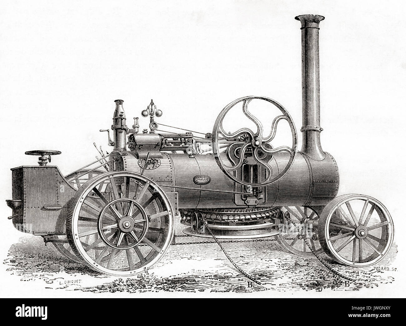 Un xix secolo John Fowler azionato a vapore aratura o motore di trazione. Da Les Merveilles de la Science, pubblicato 1870. Foto Stock