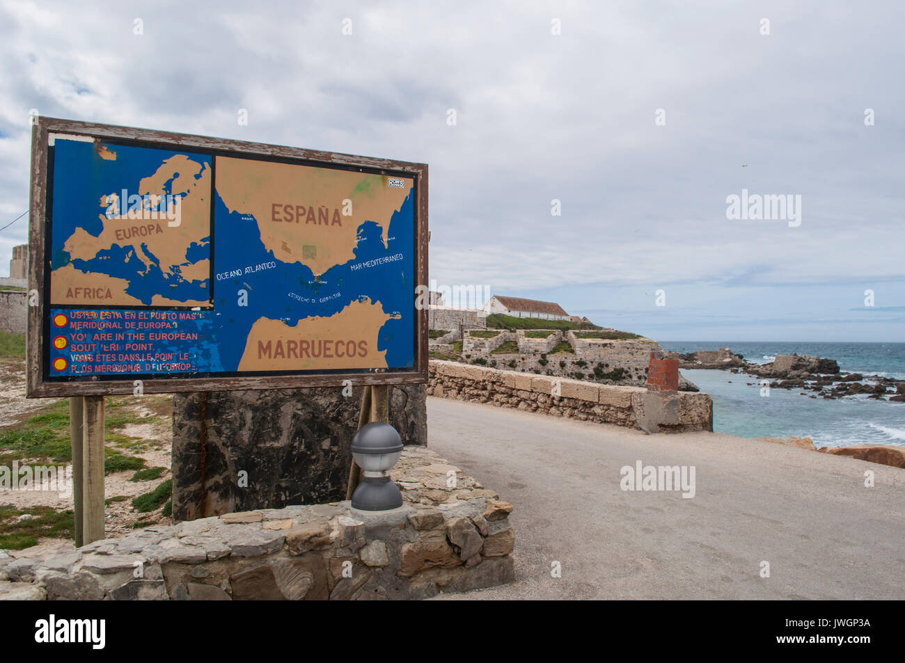 Spagna: la mappa di Isla de las palomas (Pidgeon Island) indicante il punto più meridionale della penisola iberica e l'Europa continentale Foto Stock