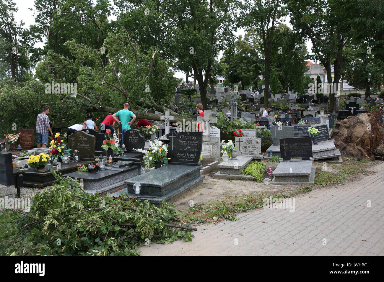 Gniezno, Polonia. 12 Ago, 2017. Conseguenze della tempesta che ha colpito Gniezno in Polonia quattro morti e 36 feriti dopo una tempesta tuono strappato attraverso la centrale e Polonia Occidentale tardi il venerdì sera. Una massa di chiarire il funzionamento è ora di prendere posto. La situazione del night storm nel comune di ?nin e circa sono molto gravi. 10:00 oggi una riunione di crisi comunale del centro di gestione è stato tenuto. Il Dipartimento dei Vigili del Fuoco ha visto oltre 600 report, un altro ancora è in arrivo. Almeno 170 tetti erano rotti o gravemente danneggiato. Credito: uknip/Alamy Live News Foto Stock