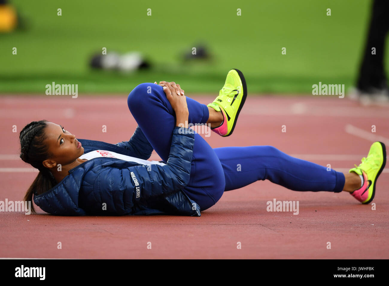 Londra, Regno Unito. Il 12 agosto 2017. Morgan Lago (GBR) si prepara a saltare. Maria Lasitskene (ANA) vince le donne salto in alto finale allo stadio di Londra, il giorno nove della IAAF Campionati del Mondo London 2017. Secondo Yuliia Levchenko (UKR), terzo Kamila ha Licwinko (POL). Credito: Stephen Chung / Alamy Live News Foto Stock