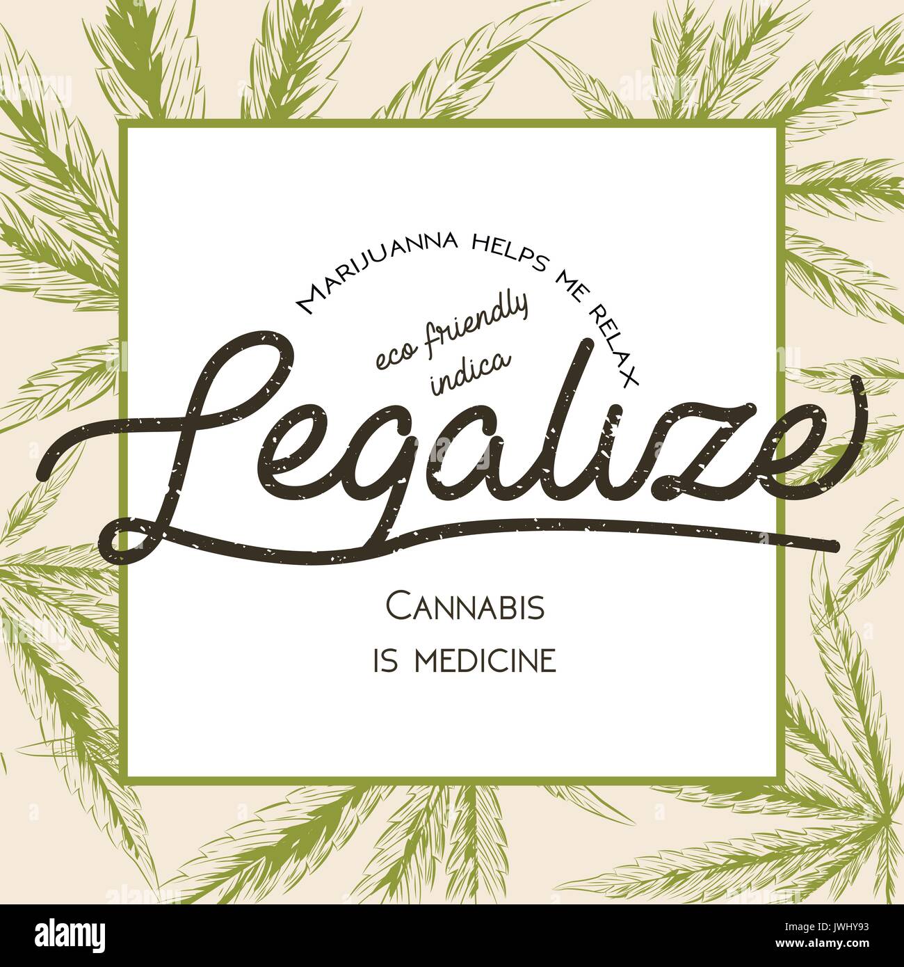 Legalizzare la marijuana, cannabis infestanti a foglia verde logo retrò, poster, t-shirt design. Indica il pacchetto etichetta vintage. Impianto di medicina legalizzazione squ prodotto Illustrazione Vettoriale