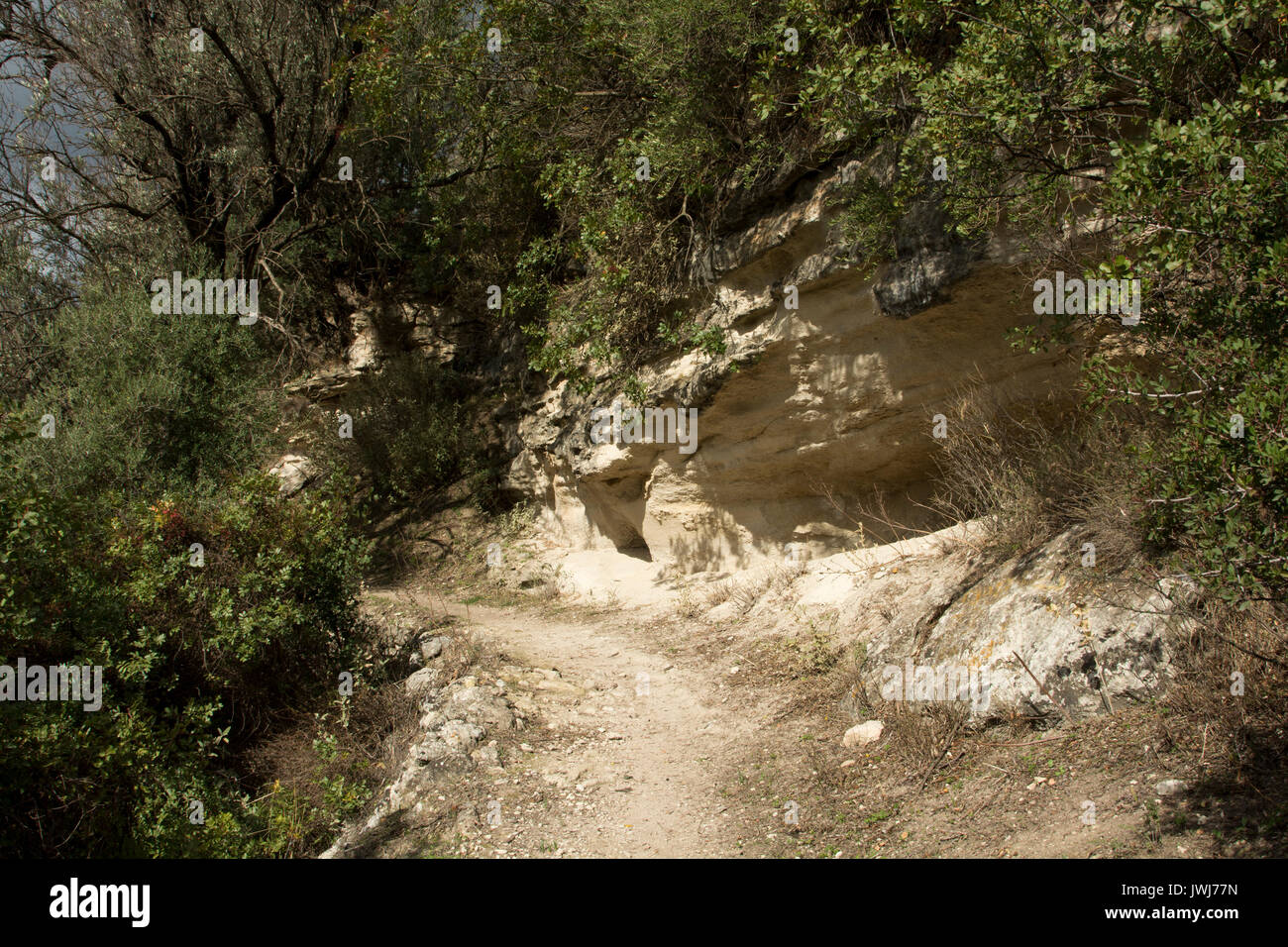 Un antica strada conduce dall'ingresso del luogo romano Eleutherna in creta centrale verso il basso per le cisterne di epoca romana. Eine alte Straße"führt vom E Foto Stock