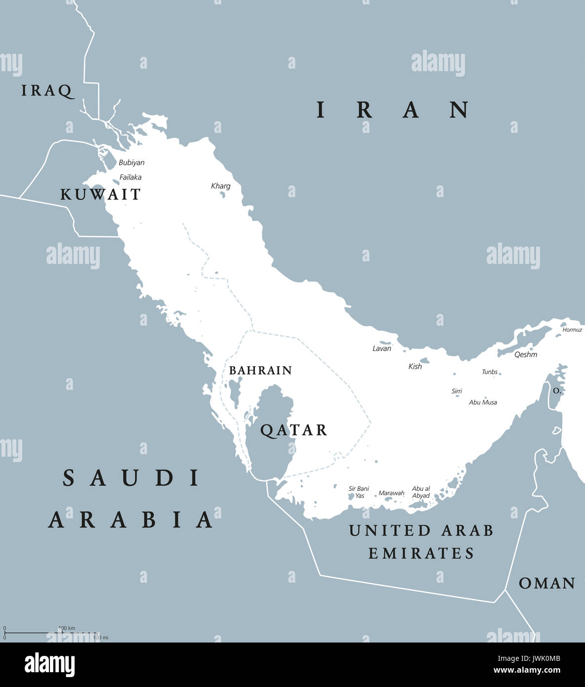 Zona del Golfo persico paesi mappa politico con etichetta inglese. Corpo di acqua ed estensione dell Oceano Indiano attraverso lo Stretto di Hormuz. Illustrazione. Foto Stock