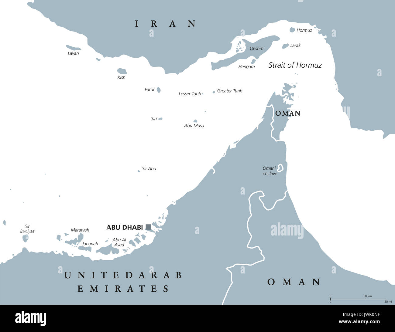 Stretto di Hormuz regione mappa politico. Etichetta inglese. Stretto tra il  Golfo Persico e il Golfo di Oman. Illustrazione Foto stock - Alamy