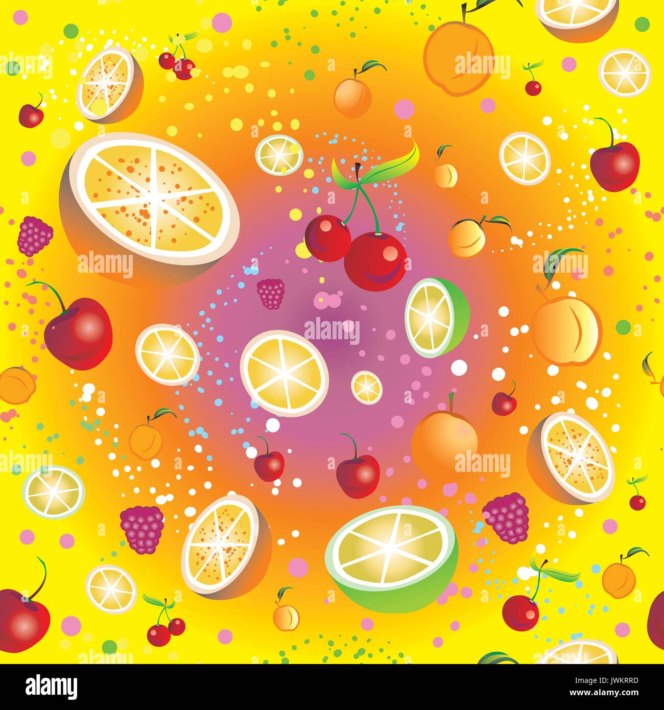 Modello senza cuciture con frutti e bacche (ciliegia, Orange, calce, albicocca, lampone) su sfondo colorato Illustrazione Vettoriale