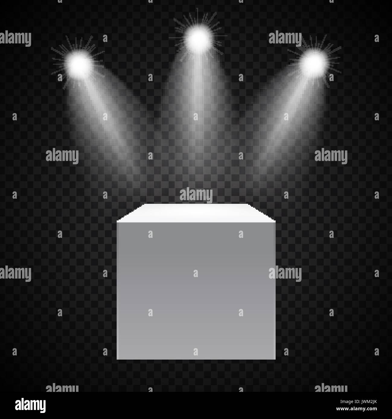 Concetto espositivo, bianco scatola vuota, Stand con illuminazione su sfondo grigio. Modello per il contenuto. 3d illustrazione vettoriale Illustrazione Vettoriale