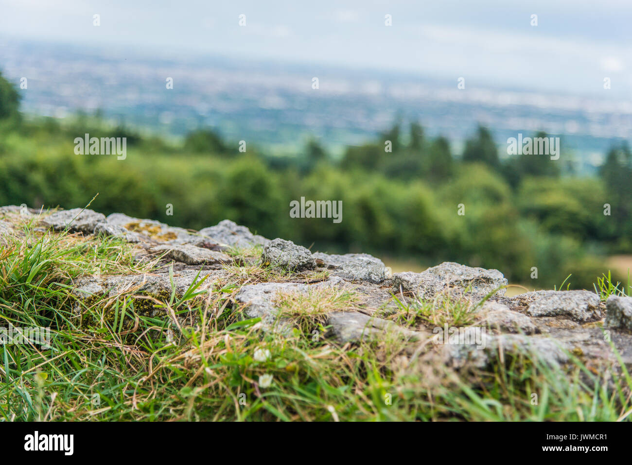 Campagna irlandese con il fuoco selettivo e la parete in primo piano Foto Stock