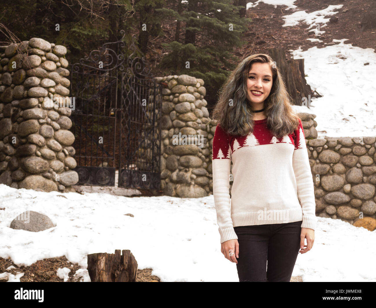 Una sorridente ragazza teen in bianco e rosso maglione da un cancello di ferro con pilastri di pietra in inverno Foto Stock Una sorridente ragazza teen in bianco e rosso maglione da un cancello di ferro con pilastri di pietra in inverno Foto Stock