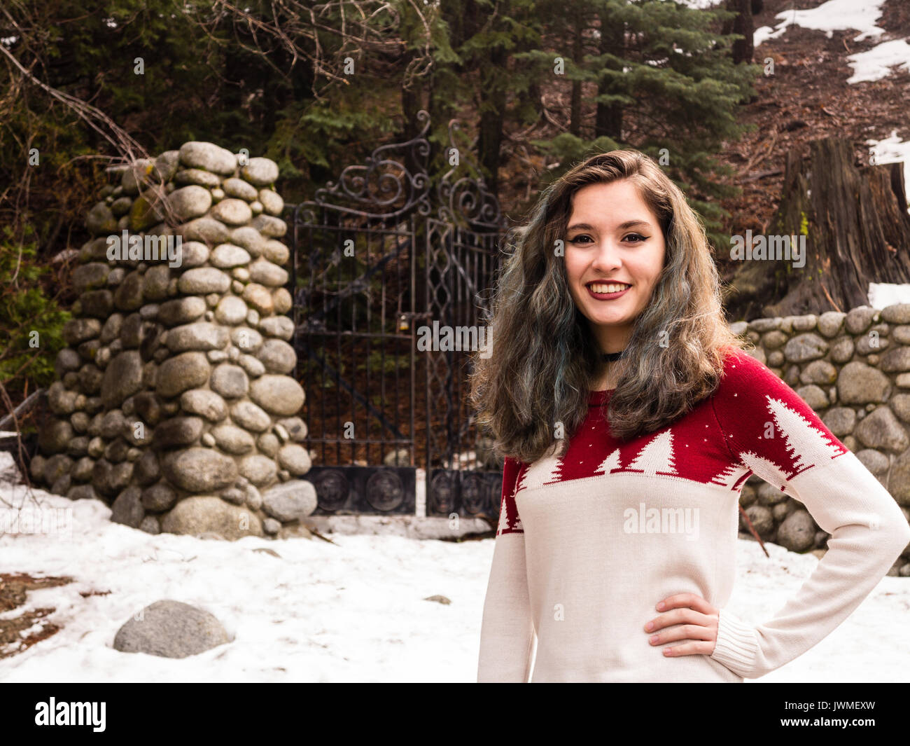 Una sorridente ragazza teen in bianco e rosso maglione da un cancello di ferro con pilastri di pietra in inverno Foto Stock Una sorridente ragazza teen in bianco e rosso maglione da un cancello di ferro con pilastri di pietra in inverno Foto Stock