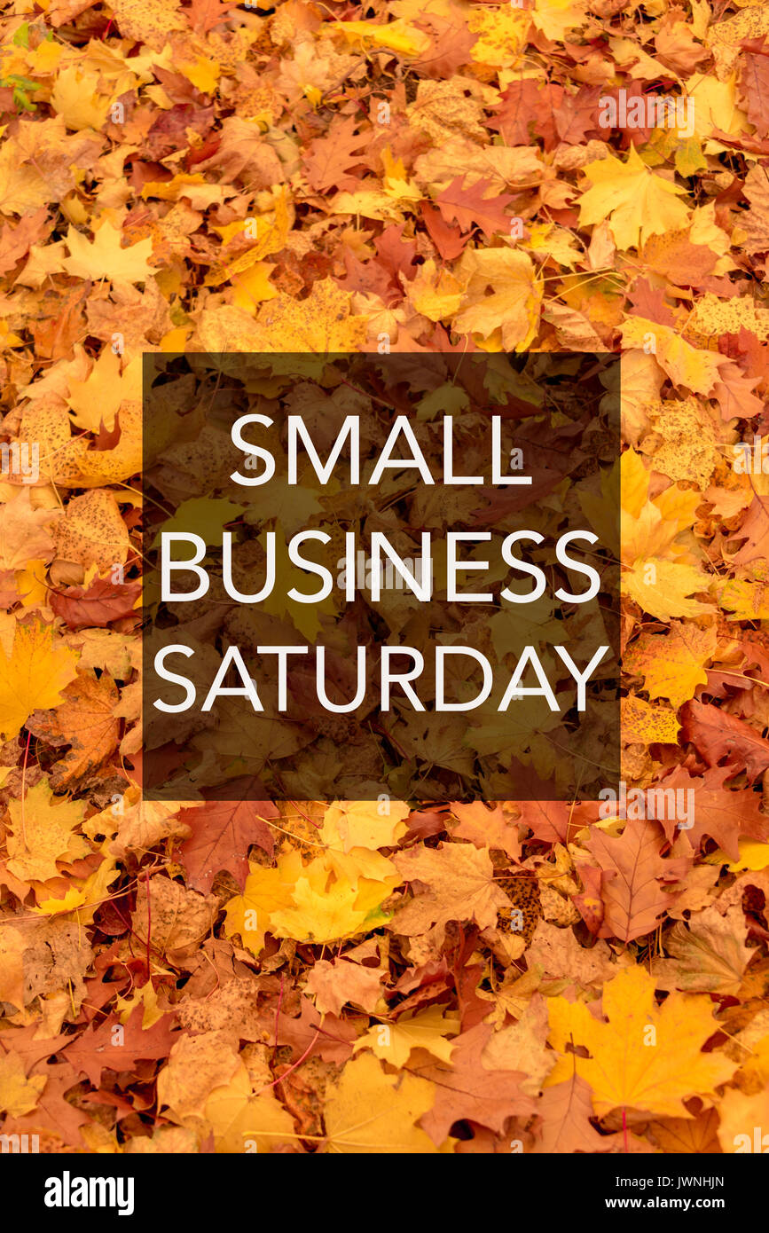 Small business sabato segno con il testo bianco su nero quadrato, sfondo con foglie di autunno, parte della serie Foto Stock