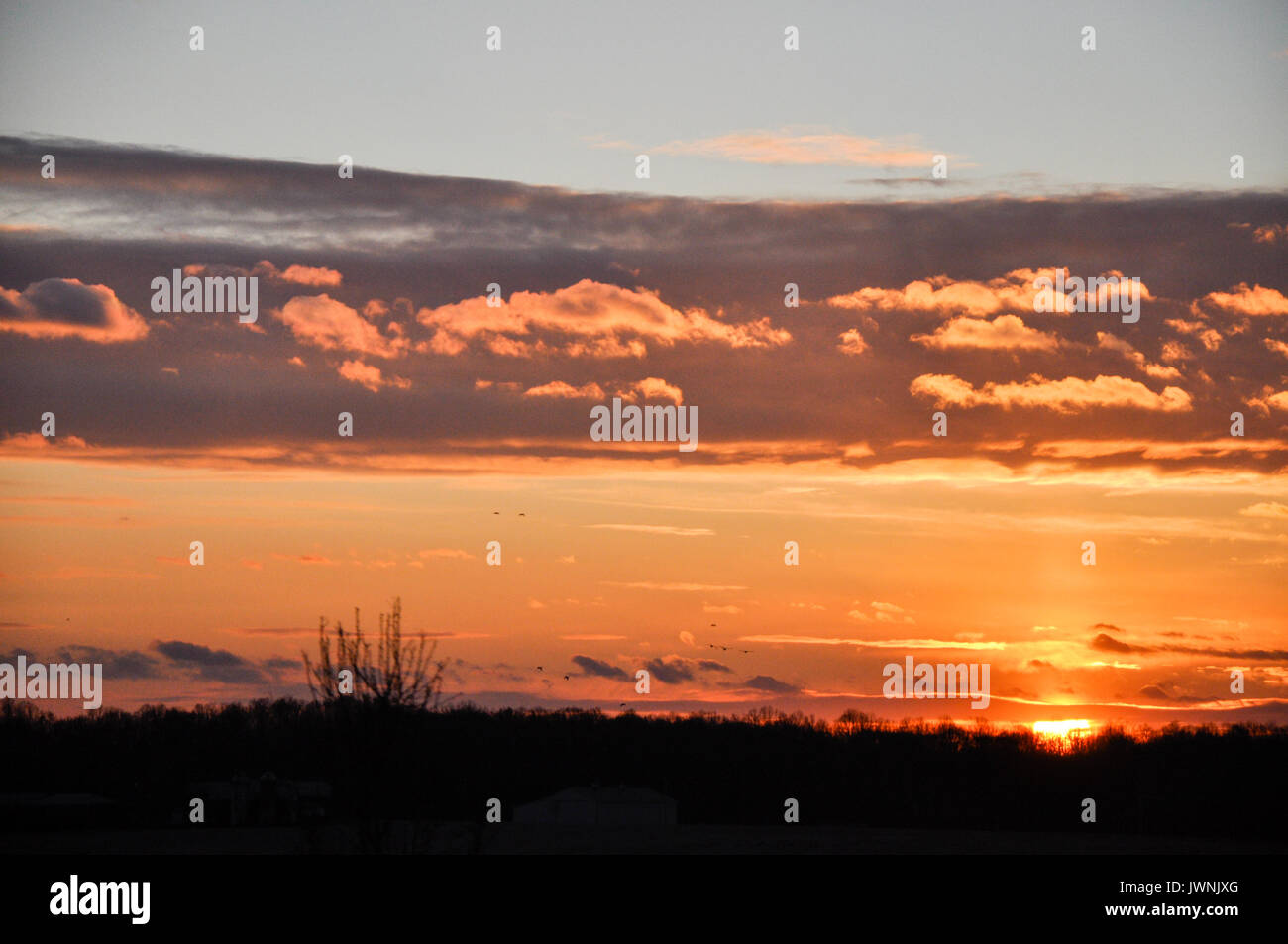 Fiery colorato arancione tramonto stagliano colline con una banda di nuvole sopra il quale il cielo è blu come il sole affonda sotto l'orizzonte Foto Stock