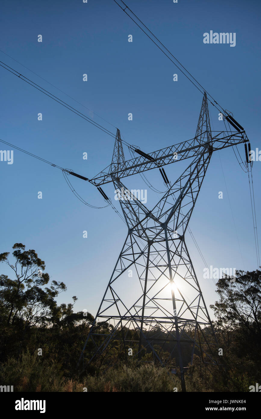 Linee elettriche ad alta tensione e piloni con potenza di 133 kv nel nuovo Galles del Sud, Australia Foto Stock
