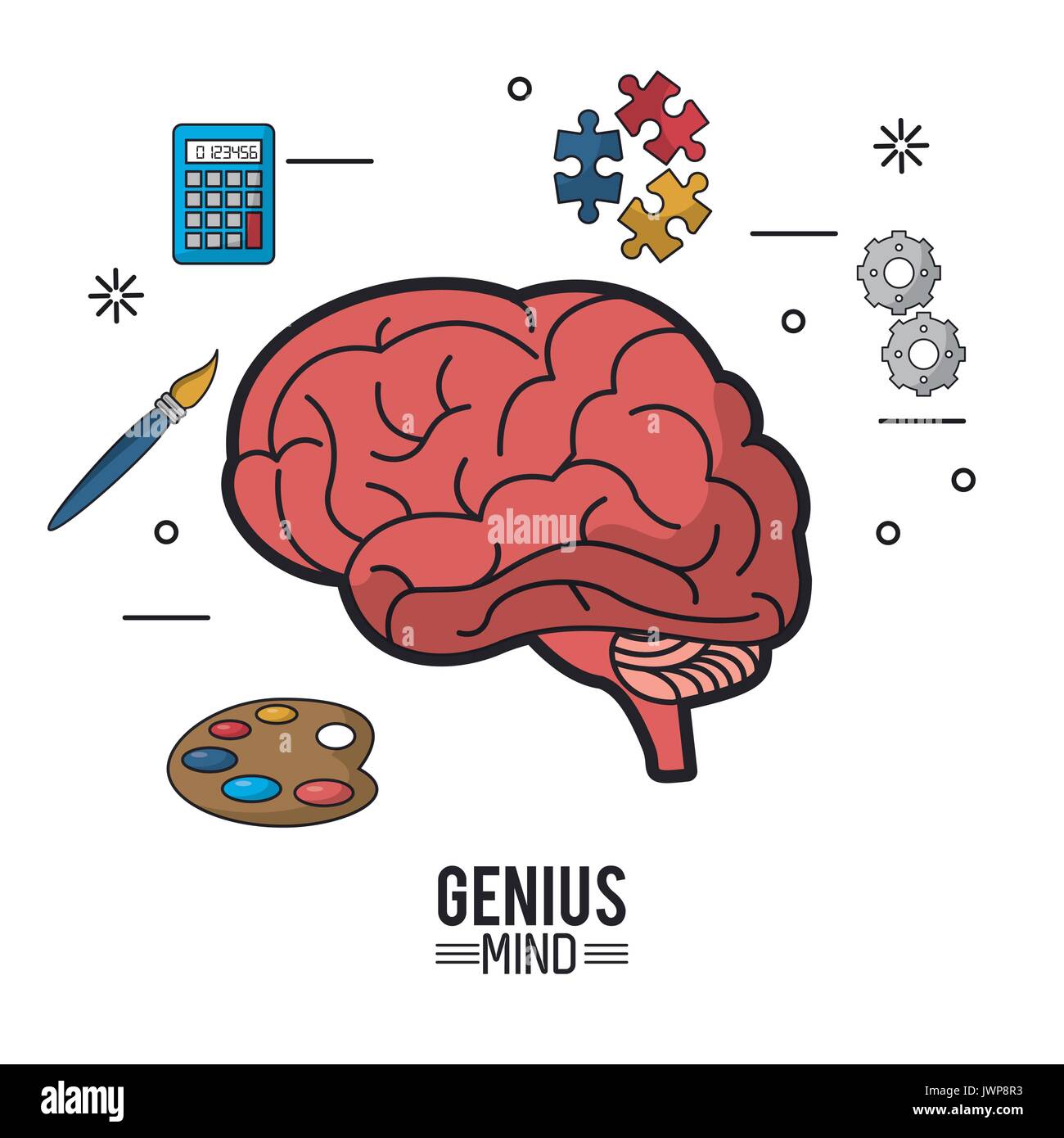 Poster colorati di genio di mente con il cervello in primo piano e le icone dei pignoni e la tavolozza dei colori con aints e spazzola e calcolatrice e i pezzi del puzzle Illustrazione Vettoriale