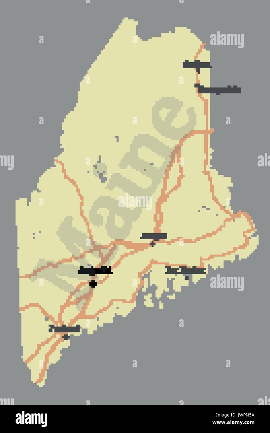 Maine esatta dettagliata vettore dettagliata mappa di stato con l'assistenza della Comunità e attiva le icone originali giallo pastello illustrazione con strade principali. Unità Illustrazione Vettoriale