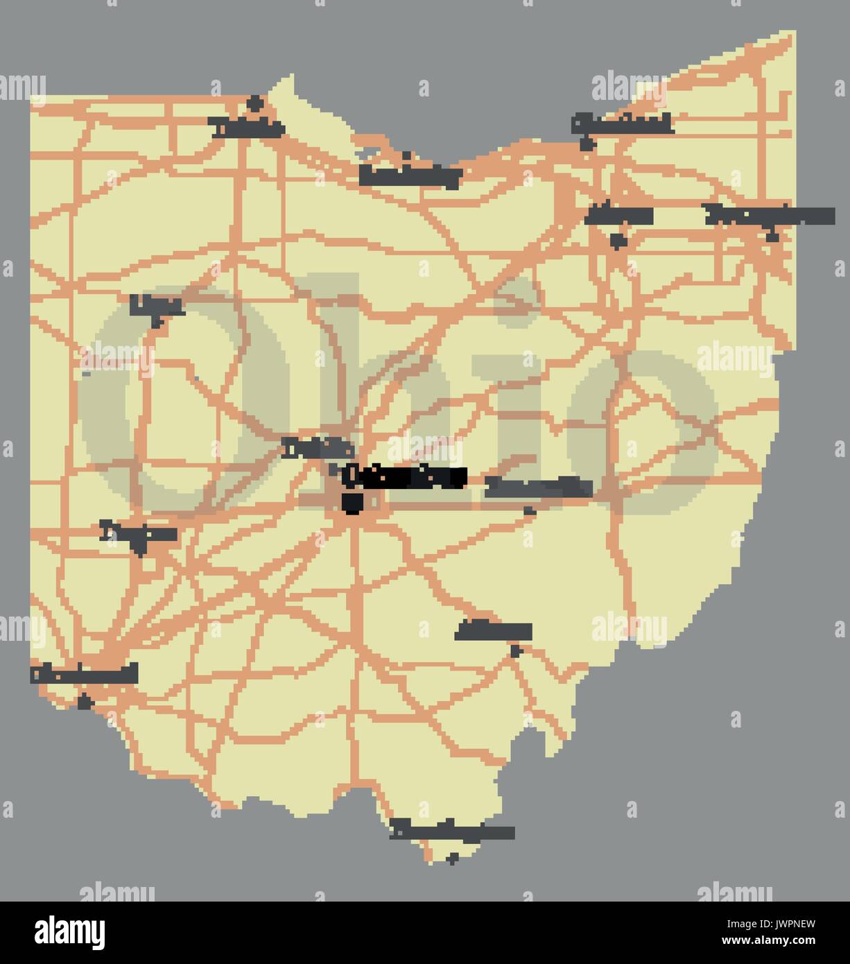 Ohio esatta dettagliata vettore dettagliata mappa di stato con l'assistenza della Comunità e attiva le icone originali giallo pastello illustrazione con strade principali. Unite Illustrazione Vettoriale