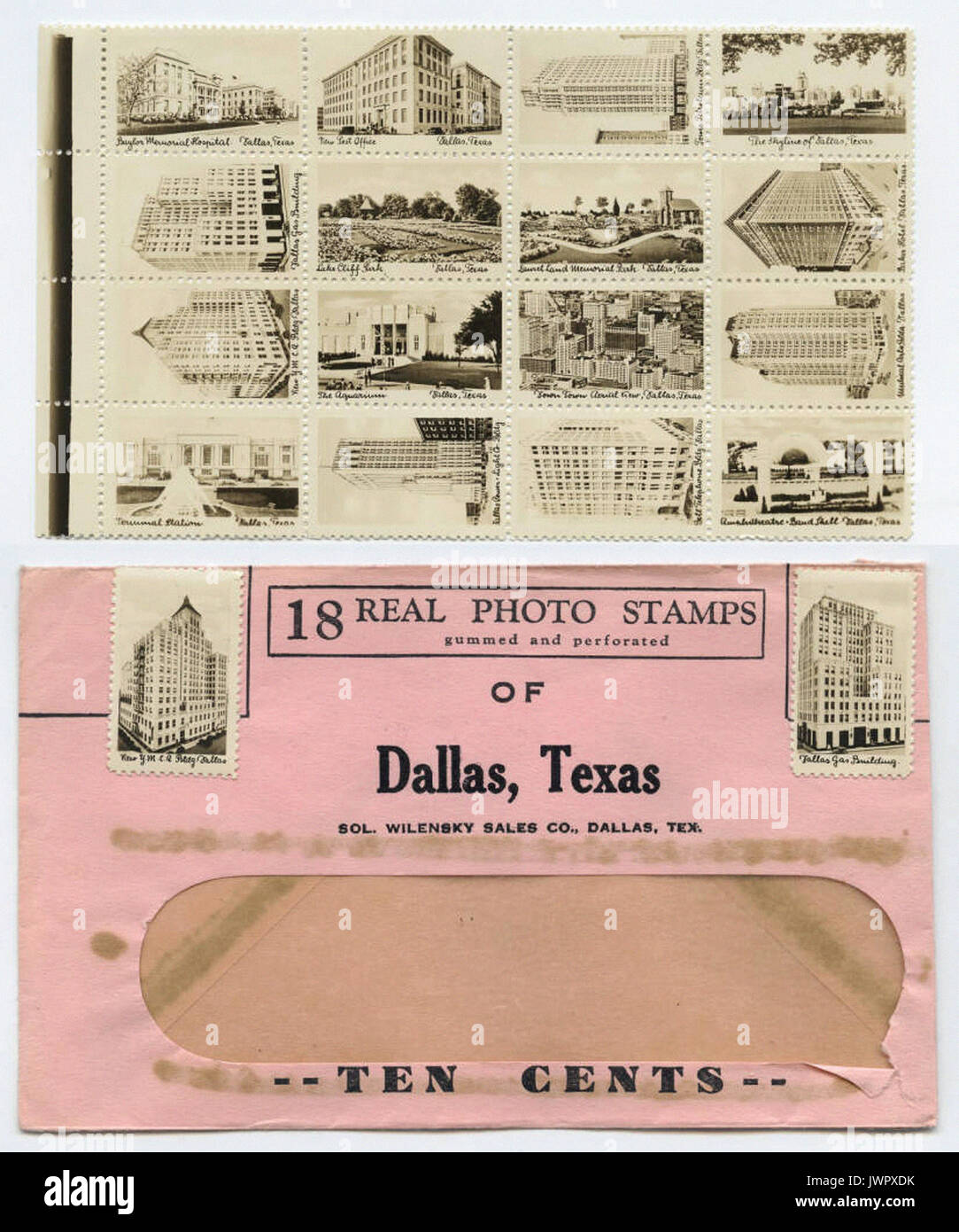 18 foto reale timbri, gommata e forate, Dallas, Texas Foto Stock