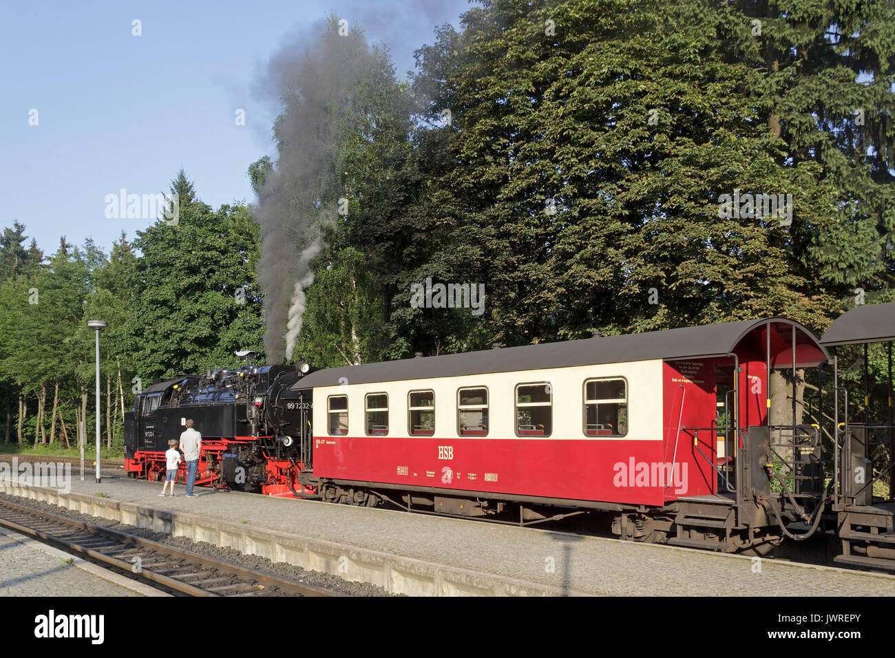 Treno a vapore di Brockenbahn alla stazione di Drei Annen Hohne, Harz-Mountains, Sassonia-Anhalt, Germania Foto Stock