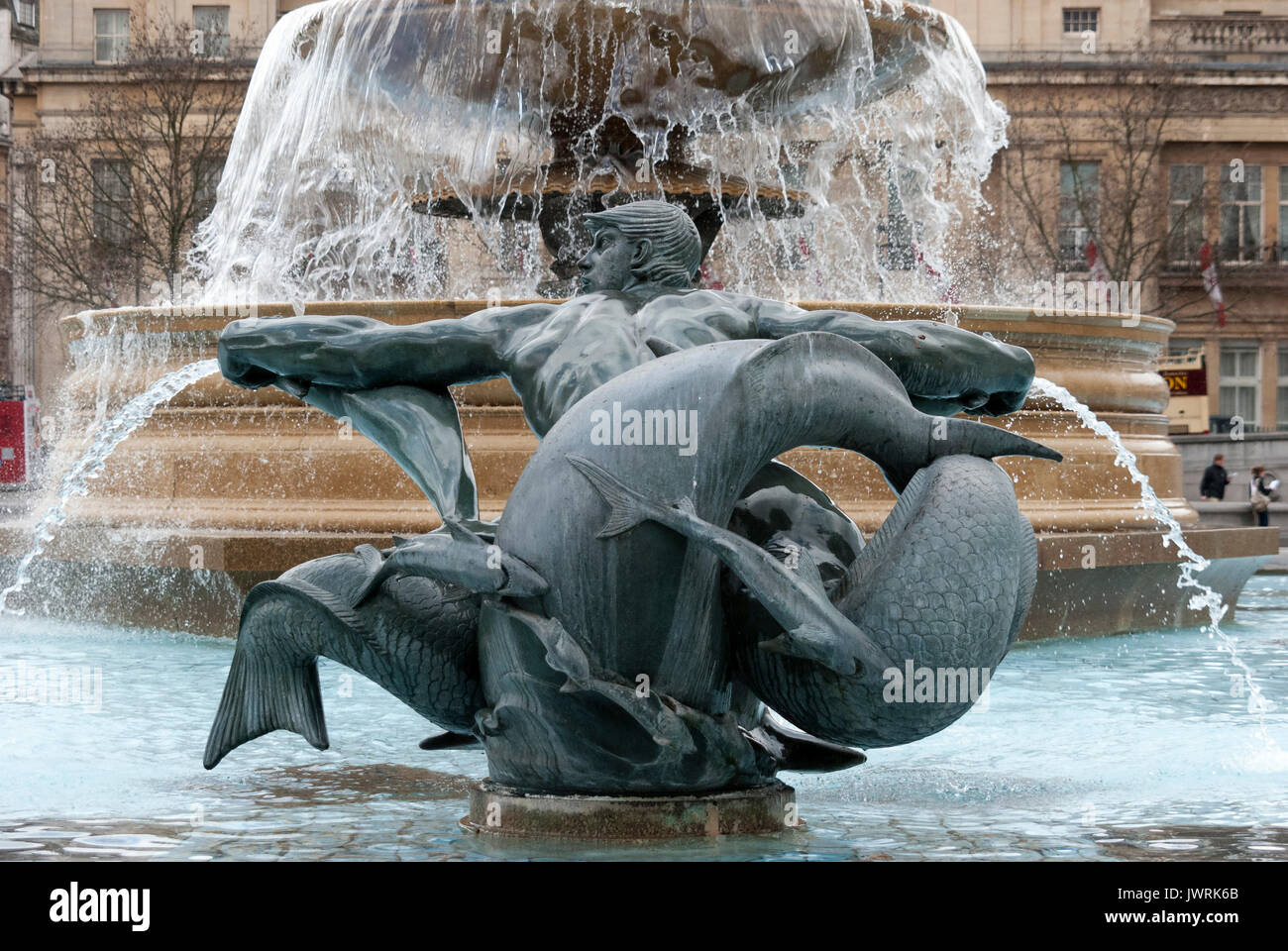 Londra Inghilterra, Trafalgar Square Male Mermaid Water Fountain, Landmark, attrazione turistica, City of Westminster Foto Stock