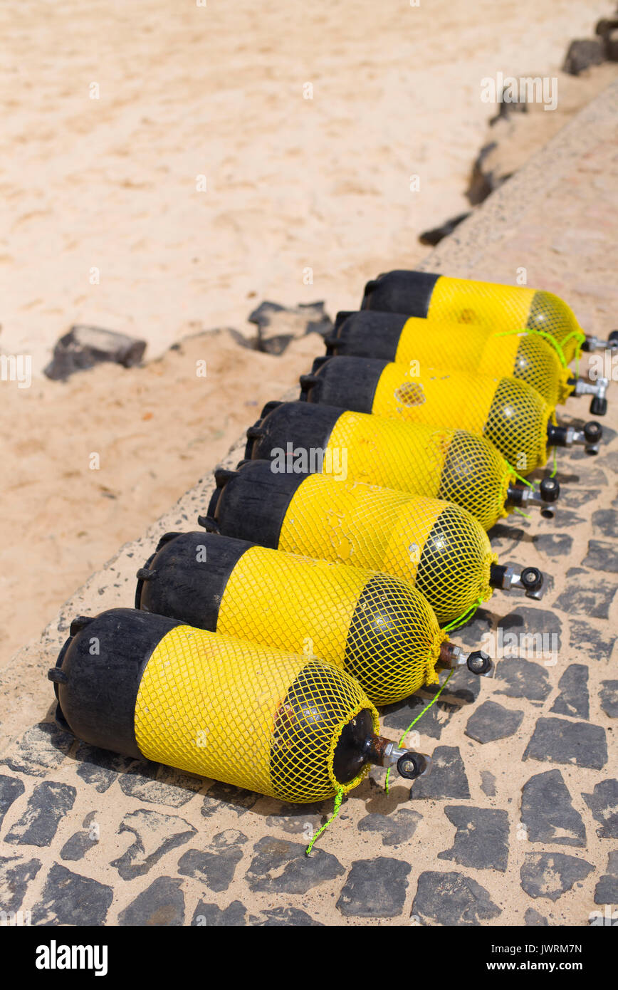 Immersioni subacquee bombole di ossigeno, Capo Verde Foto Stock