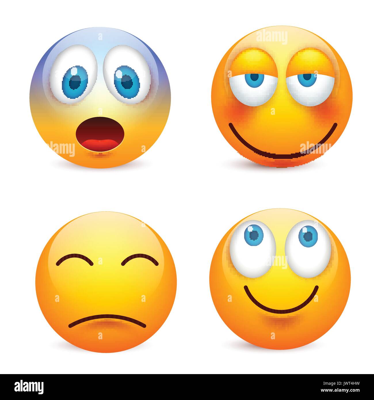 Faccina con gli occhi blu,set di emoticon. Faccia gialla con le emozioni. L'espressione del viso. 3D realistici gli Emoji. Triste,felice,arrabbiato faces.divertente personaggio dei fumetti.umore.illustrazione vettoriale. Illustrazione Vettoriale