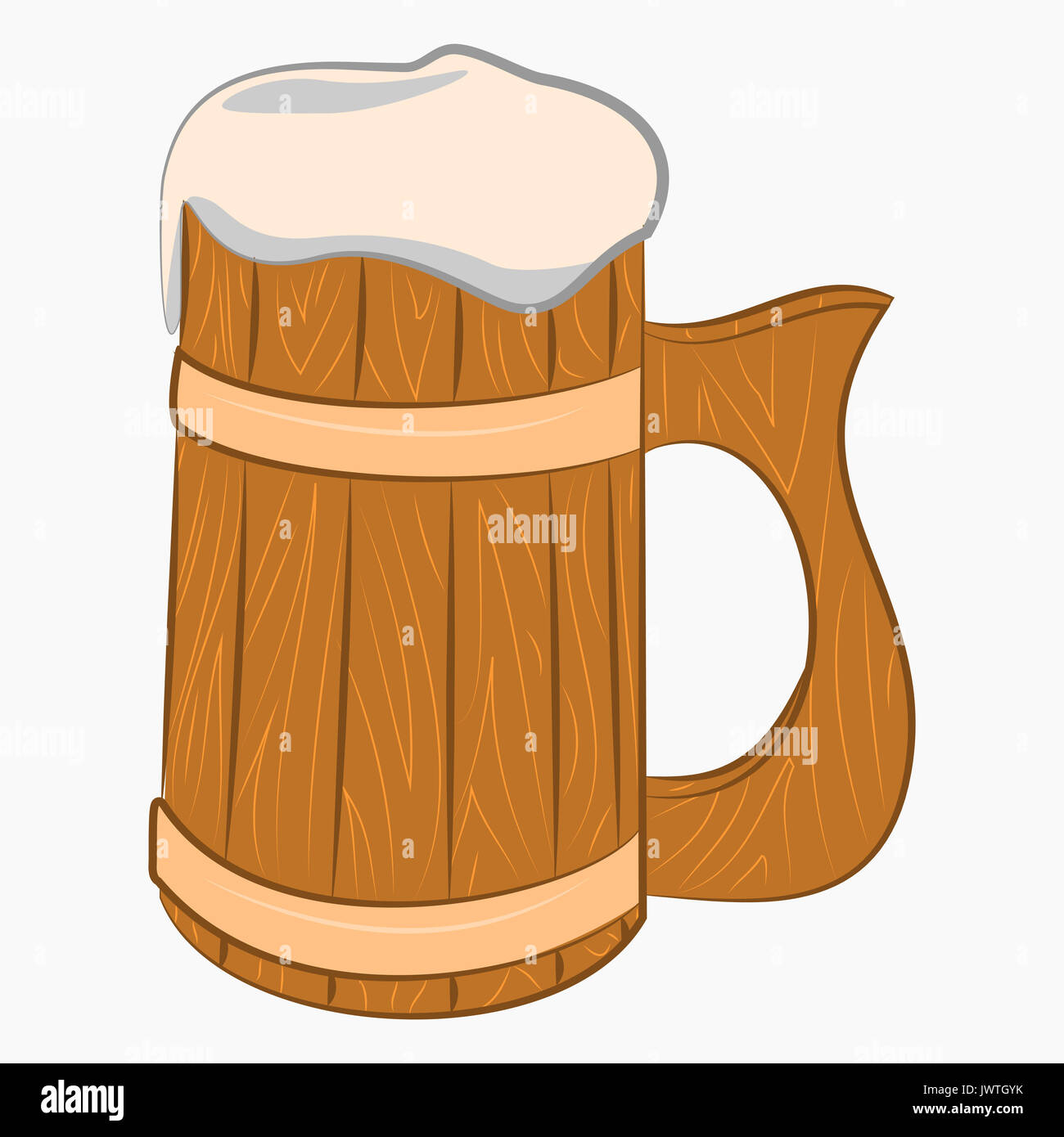 Boccale in legno con birra icona cartoon isolati su sfondo bianco. Foto Stock