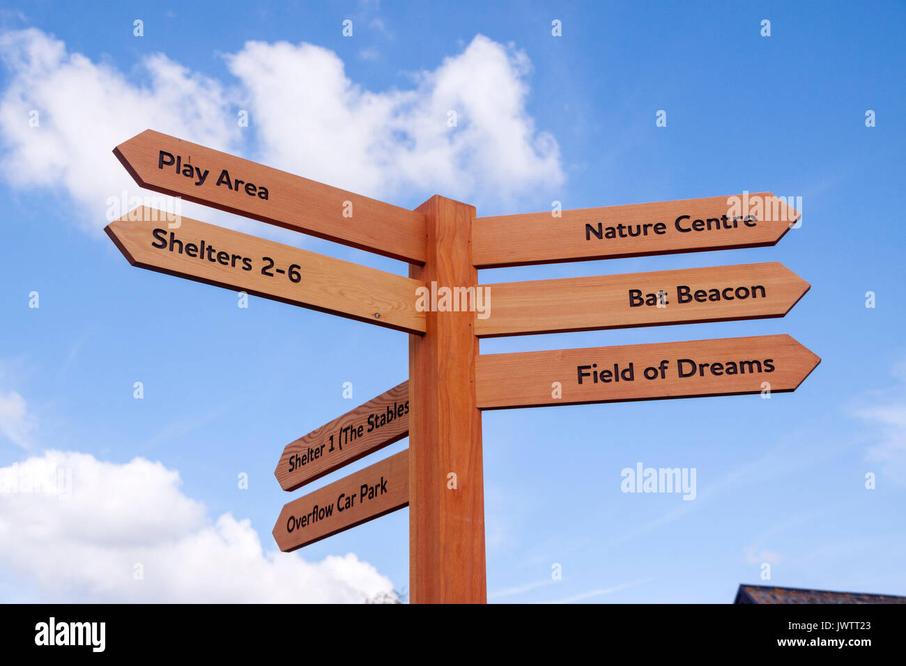 Cartello a Sidmouth Donkey Sanctuary, area gioco,maneggio,shelter,bat beacon,campo di sogni,Centro Natura, Foto Stock