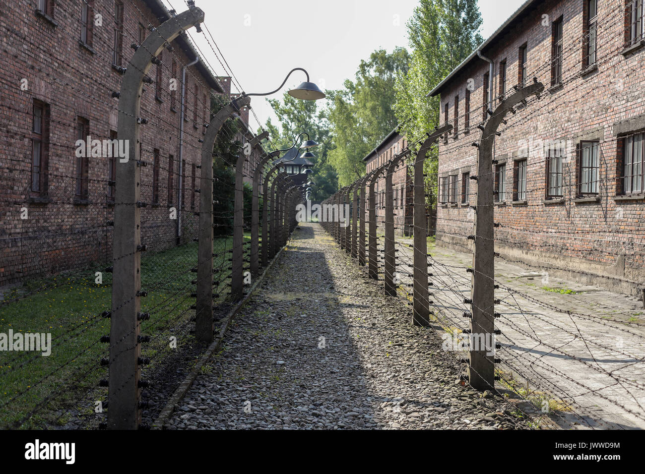 Il filo spinato era stato un recinto elettrico nell'ex campo di concentramento di Auschwitz in Oświęcim, Polonia, 21 giugno 2017. La grande organizzazione paramilitare nella Germania nazista, SS (Schutzstaffel, lit. "Protezione squadrone"), ha eseguito la concentrazione e la morte camp tra 1940 e 1945. Circa 1,1 a 1,5 milioni di persone, la maggior parte di loro ebrei, sono stati uccisi nel campo e i suoi satelliti. Auschwitz si erge come simbolo per i paesi industrializzati e omicidi di massa e l Olocausto nazista in Germania. Foto: Jan Woitas/dpa-Zentralbild/dpa | Utilizzo di tutto il mondo Foto Stock