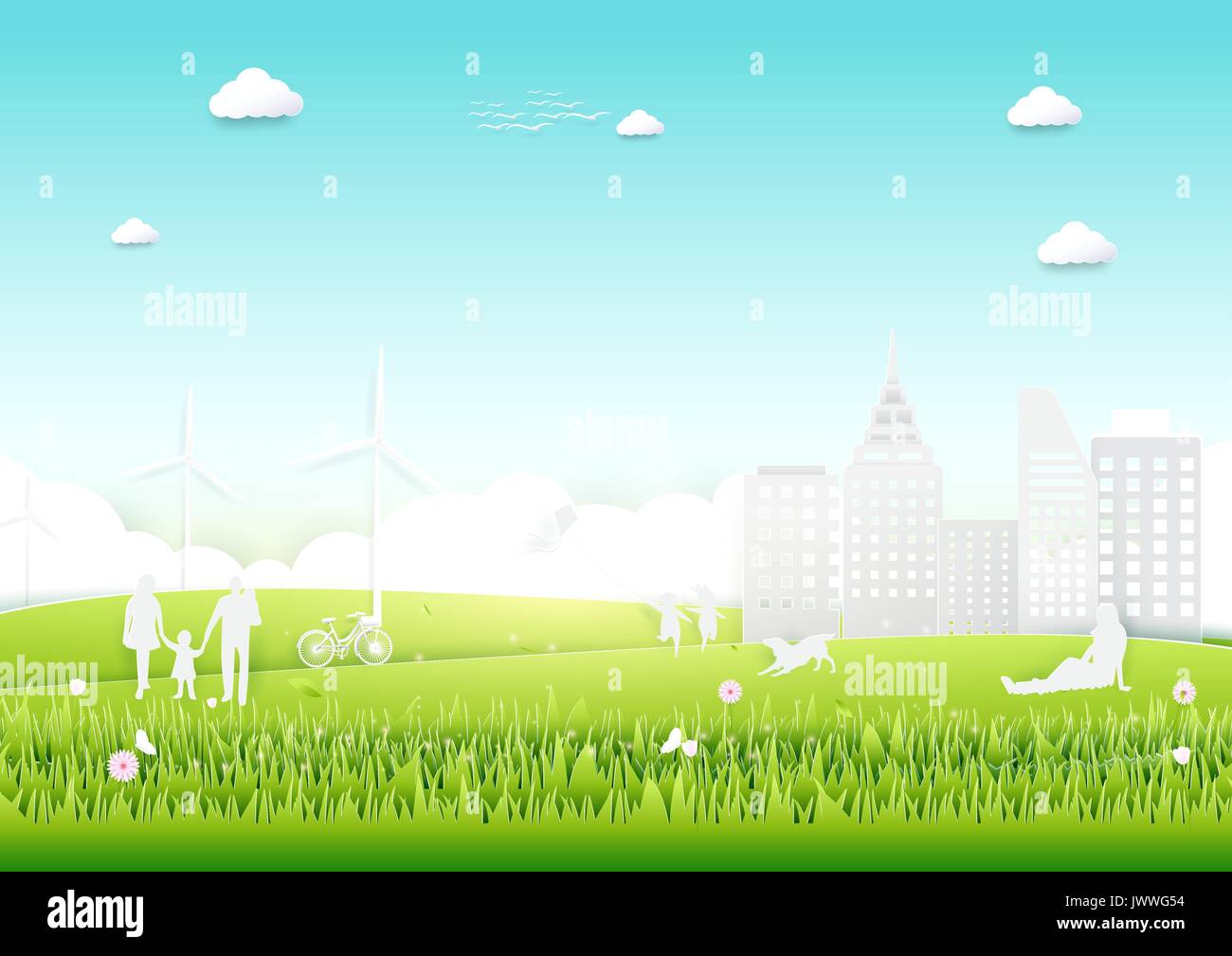 Concetto di ecologia con città verde e alberi. paper art design di stile Illustrazione Vettoriale