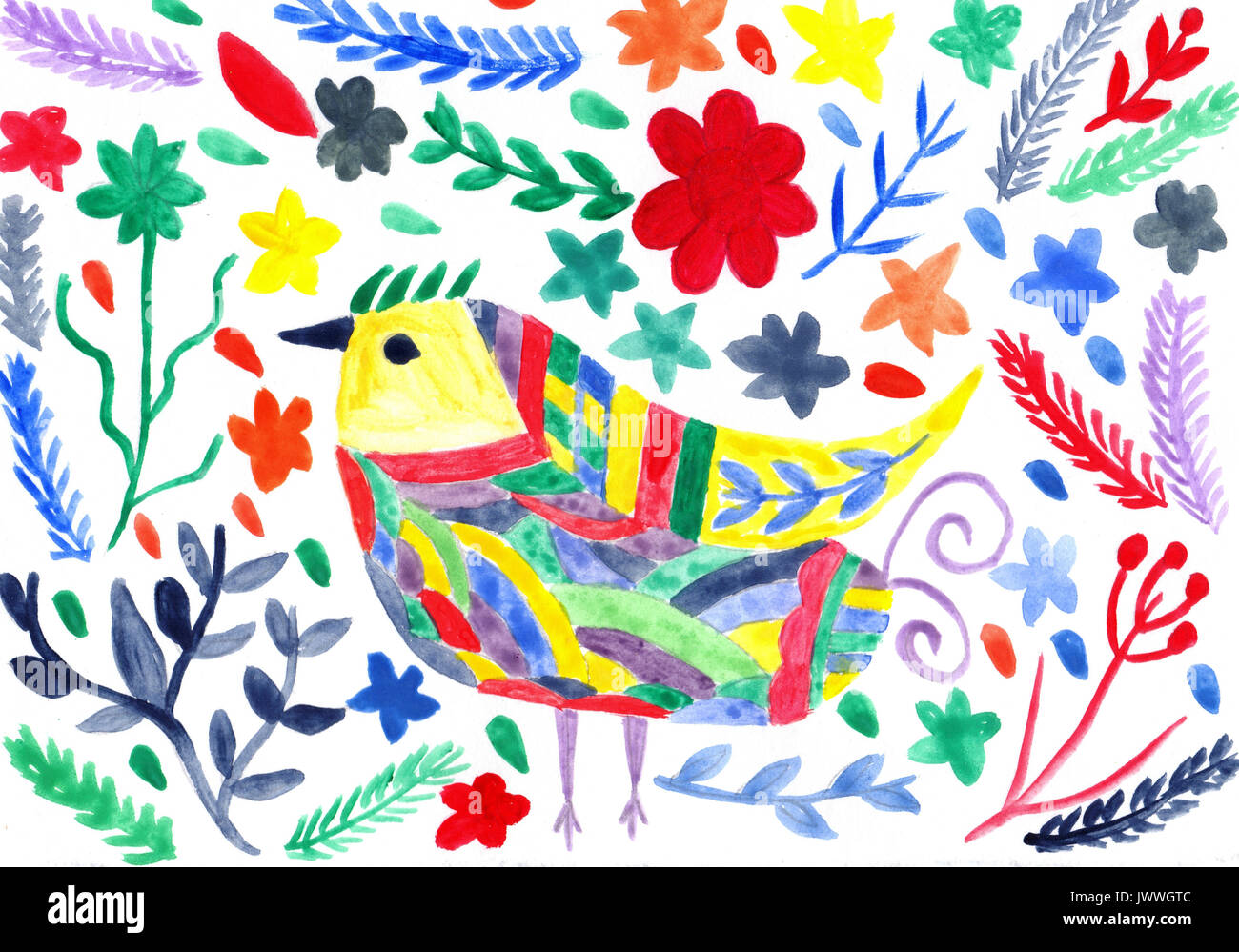 Acquerello astratto moderno sfondo vivace con bird e fiori Foto Stock