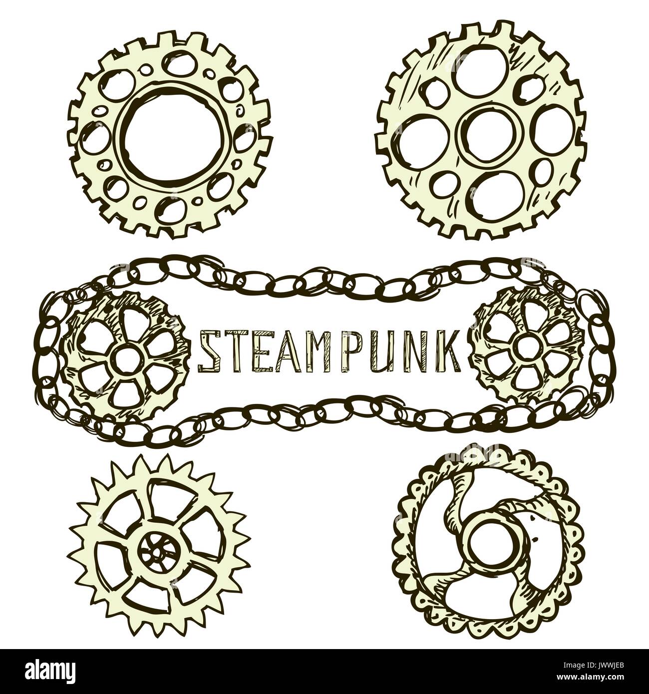 Ingranaggi in acciaio, steampunk, del disegno a mano, illustrazione vettoriale Illustrazione Vettoriale