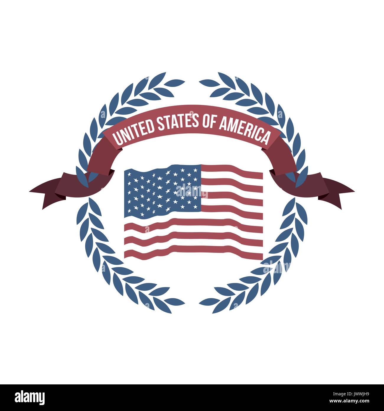 Sfondo bianco di colore opaco bandiera degli Stati Uniti d'America con arco di foglie e nastro di etichetta Illustrazione Vettoriale