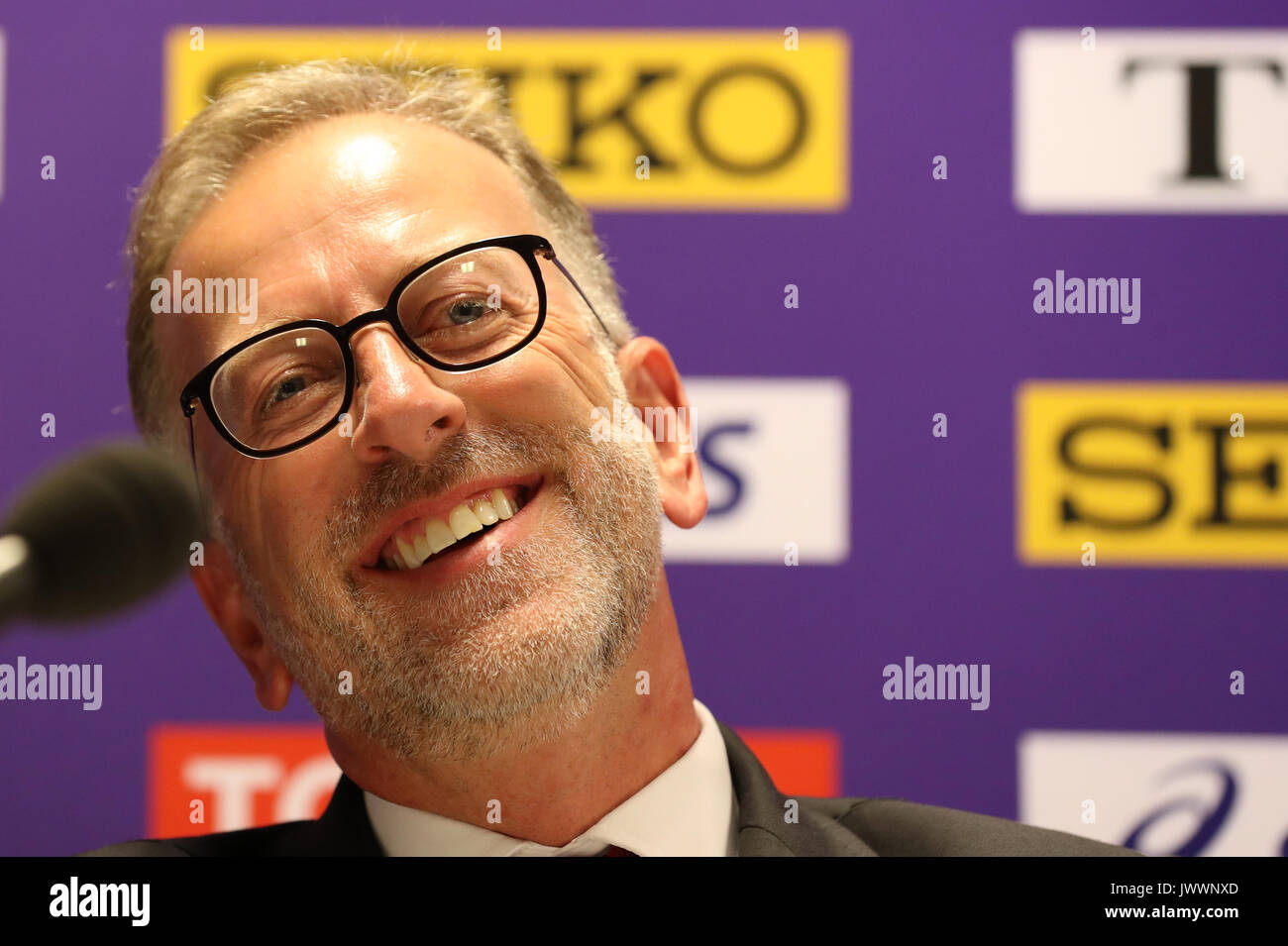 Direttore LOC Neils De Vos per partecipare a una conferenza stampa durante il giorno dieci del 2017 IAAF Campionati del mondo presso il London Stadium. Stampa foto di associazione. Picture Data: domenica 13 agosto, 2017. Vedere PA storia mondiale di atletica. Foto di credito dovrebbe leggere: Martin Rickett/filo PA. Restrizioni: solo uso editoriale. Nessuna trasmissione di suoni o immagini in movimento e nessun video di simulazione. Foto Stock