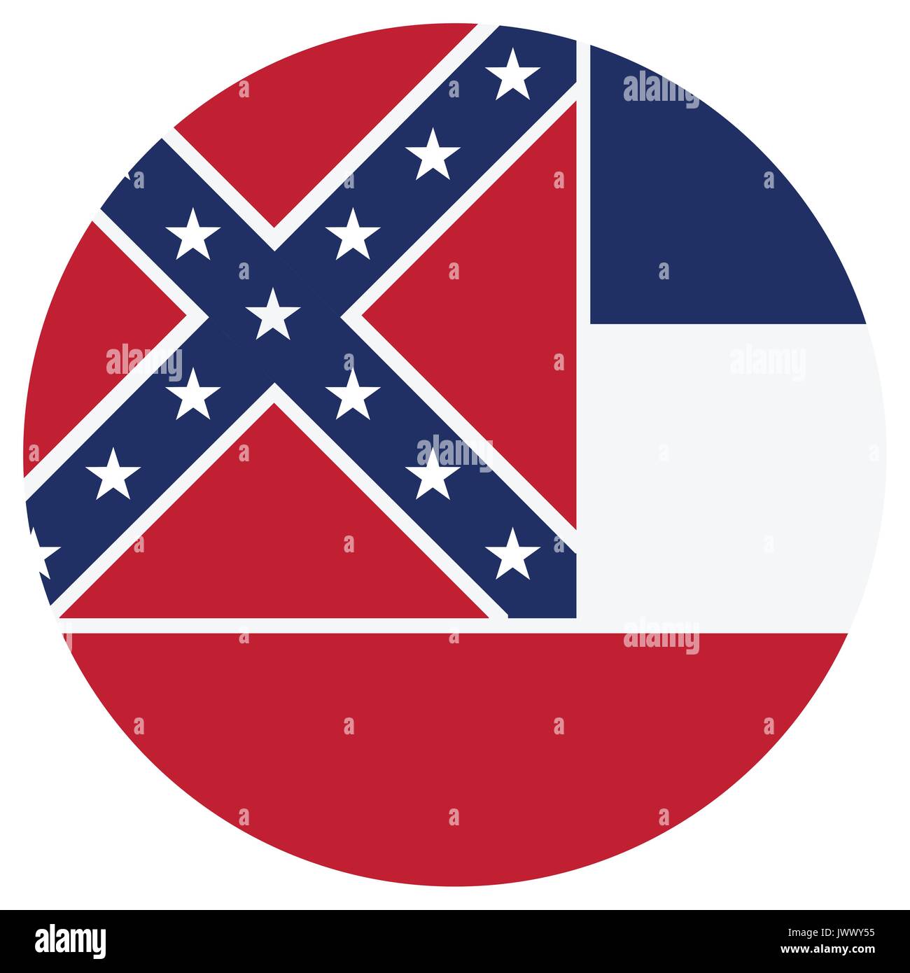Round Mississippi State bandiera icona vettore isolato su sfondo bianco. Stati Uniti Mississippi State flag button Illustrazione Vettoriale