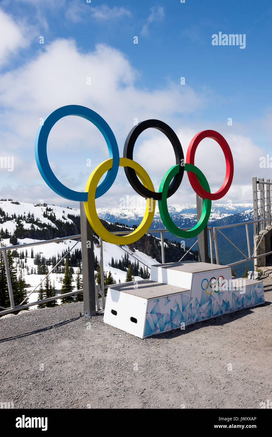 Gli anelli olimpici e podio per il 2010 Giochi Olimpici Invernali al Roundhouse terrazza e un deck di visualizzazione Whistler Mountain della Columbia britannica in Canada Foto Stock