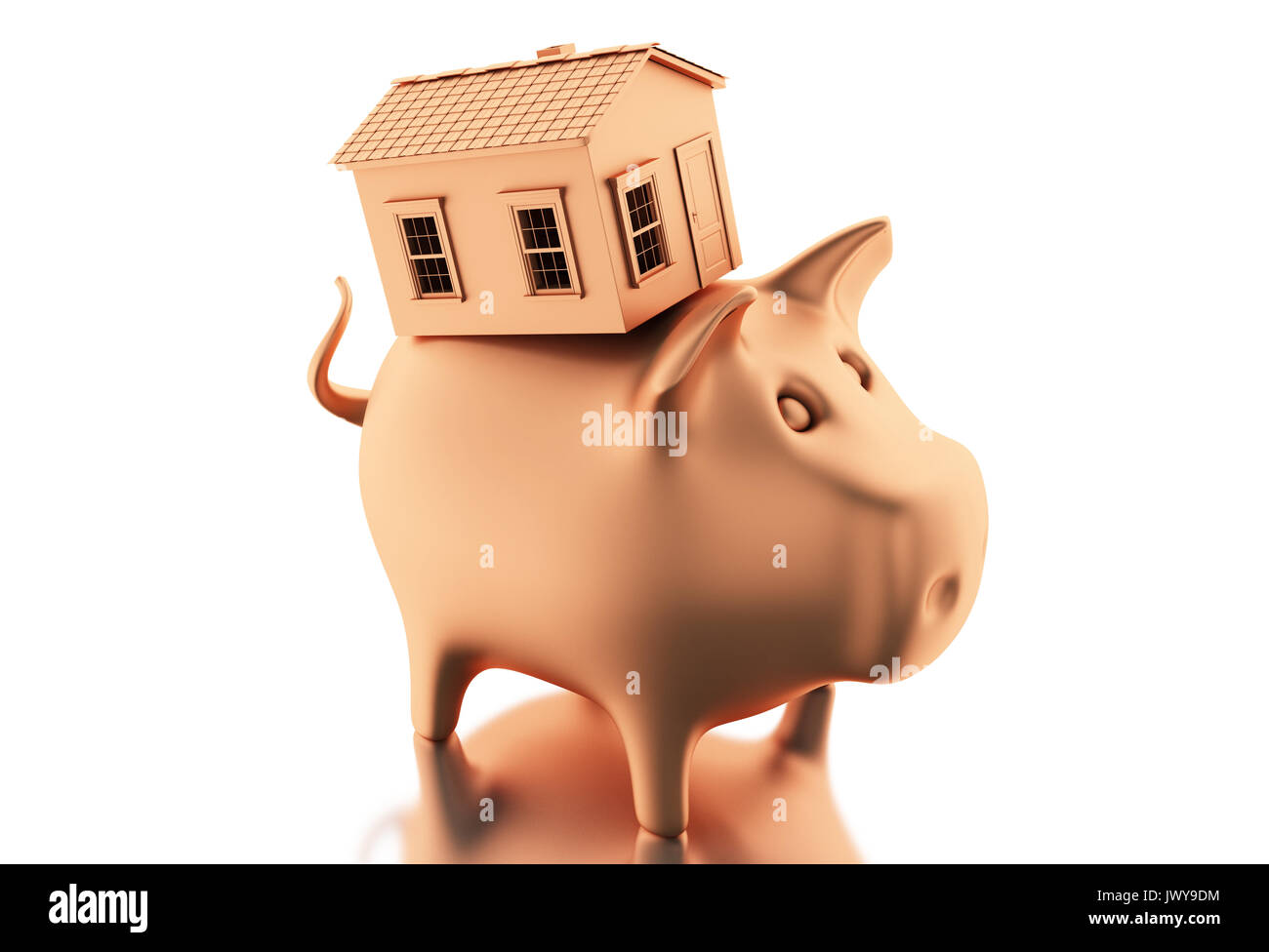 3d'illustrazione. Salvadanaio con monete e casa. Home concetto di risparmio. Isolato sfondo bianco Foto Stock