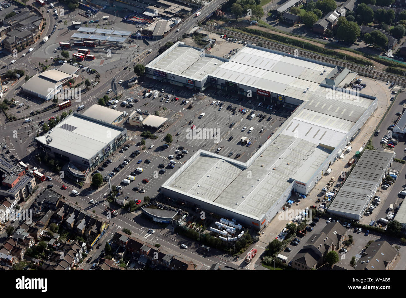 Vista aerea di Tottenham Hale Retail Park, London, Regno Unito Foto Stock Vista aerea di Tottenham Hale Retail Park, London, Regno Unito Foto Stock
