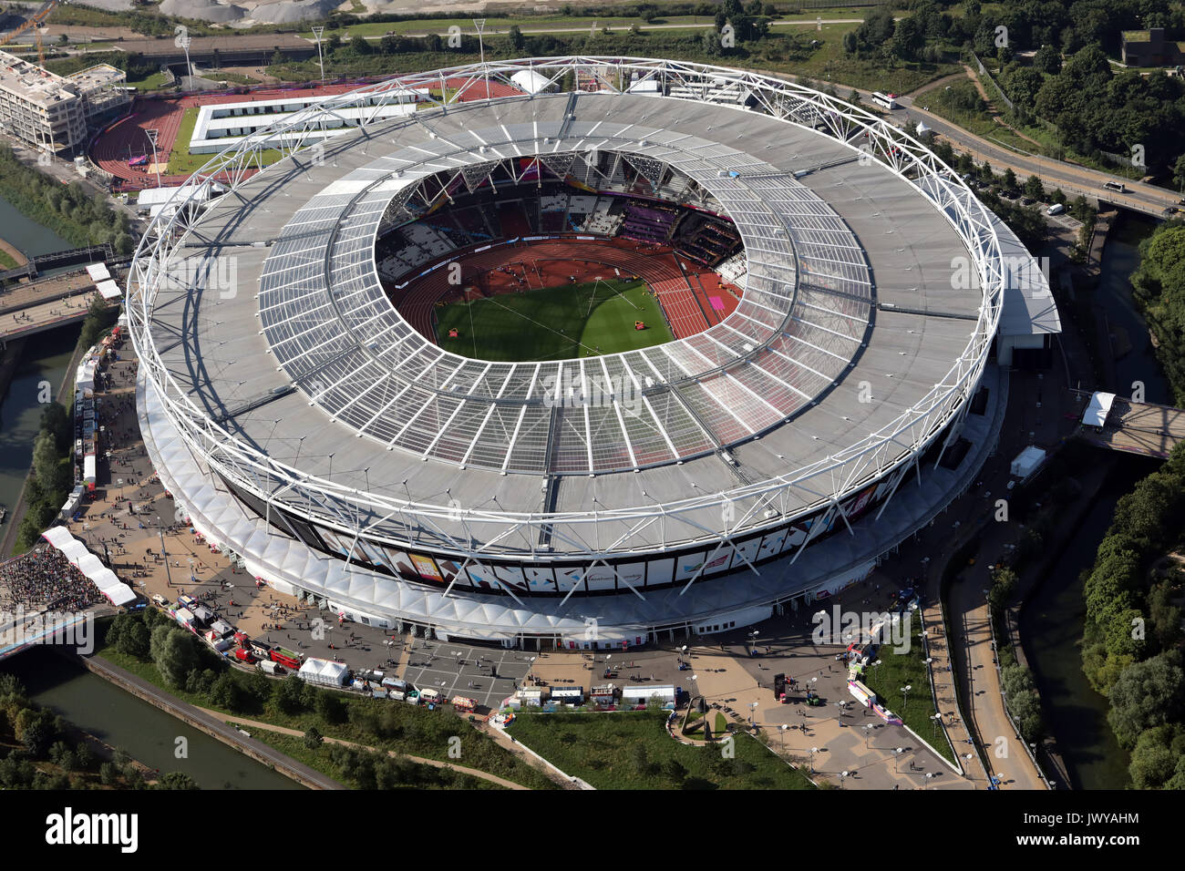 Vista aerea del London Stadium, Queen Elizabeth Park, London, Regno Unito Foto Stock