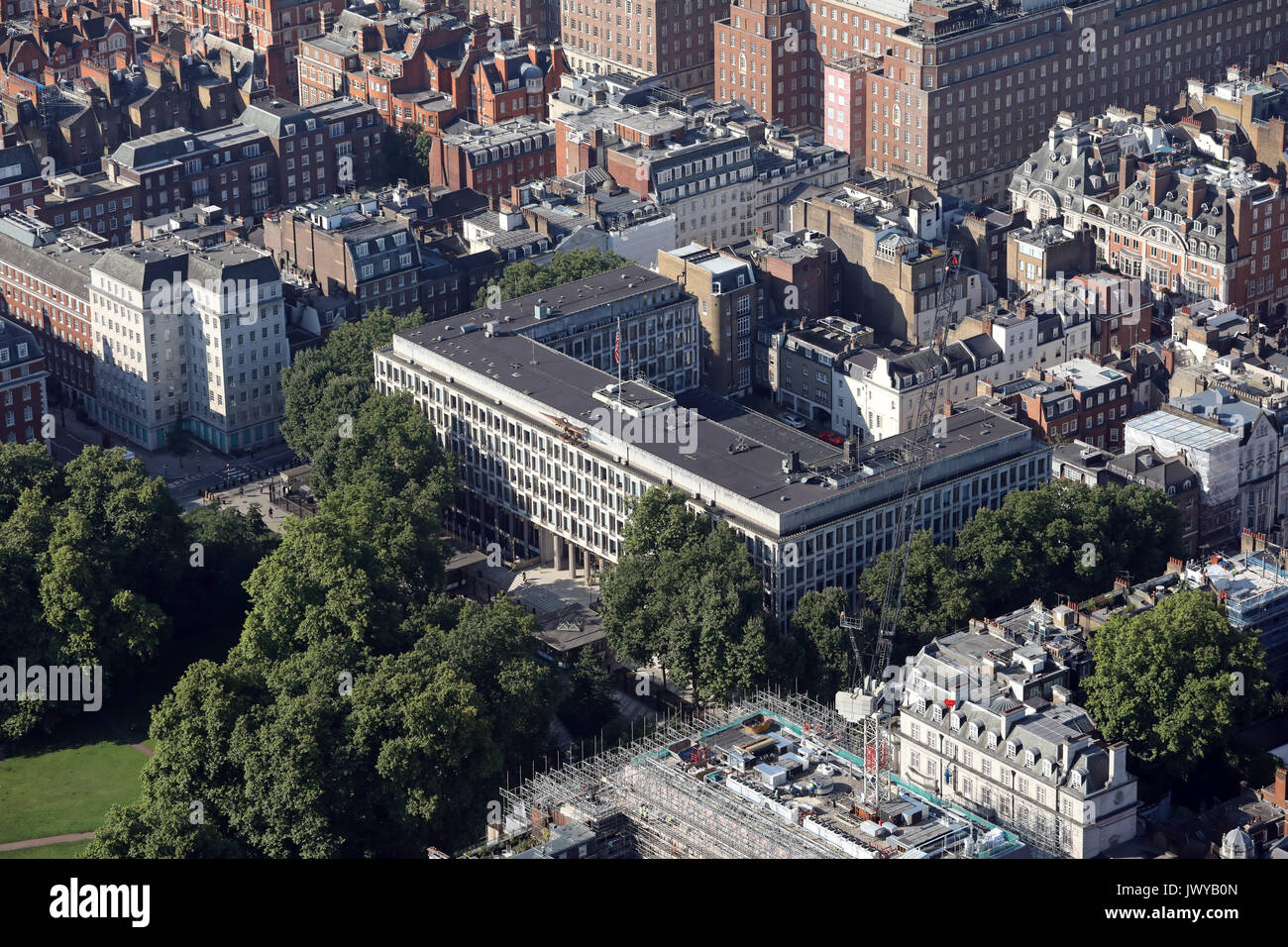 Vista aerea dell'ex ambasciata degli Stati Uniti a Grosvenor Square, Londra, Regno Unito Foto Stock