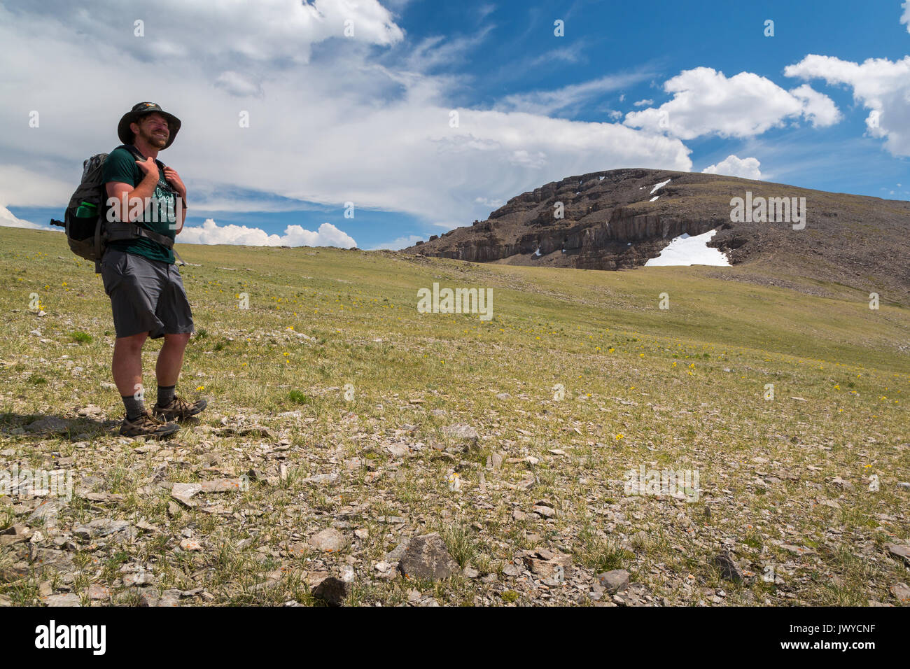 Un maschio di escursionista fermandosi per ammirare la vista al di sotto del vertice di Sleeping indiano del Gros Ventre montagne. Gros Ventre deserto, Wyoming Foto Stock