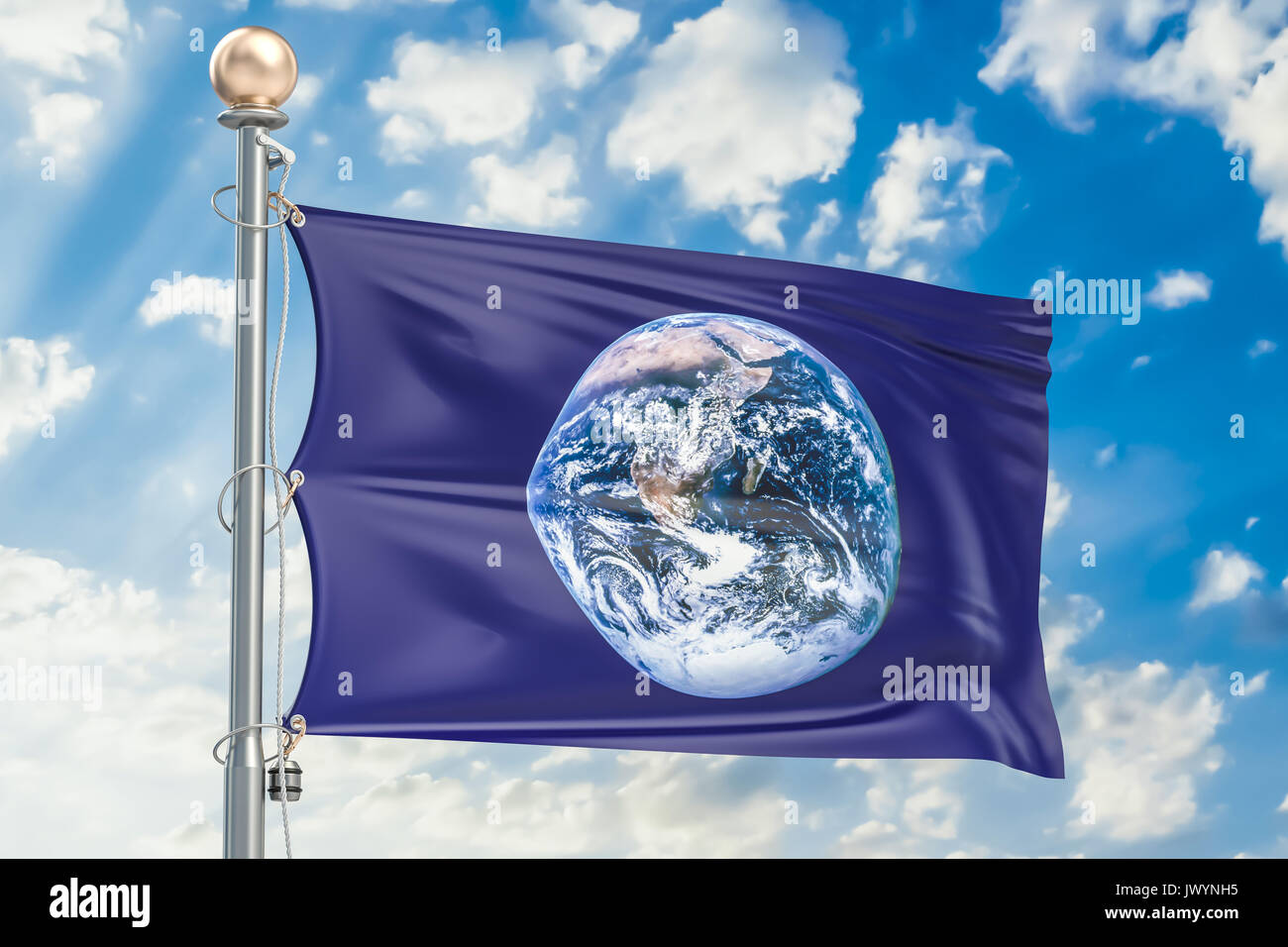 Bandiera della terra sventolando in blu cielo nuvoloso, rendering 3D Foto Stock