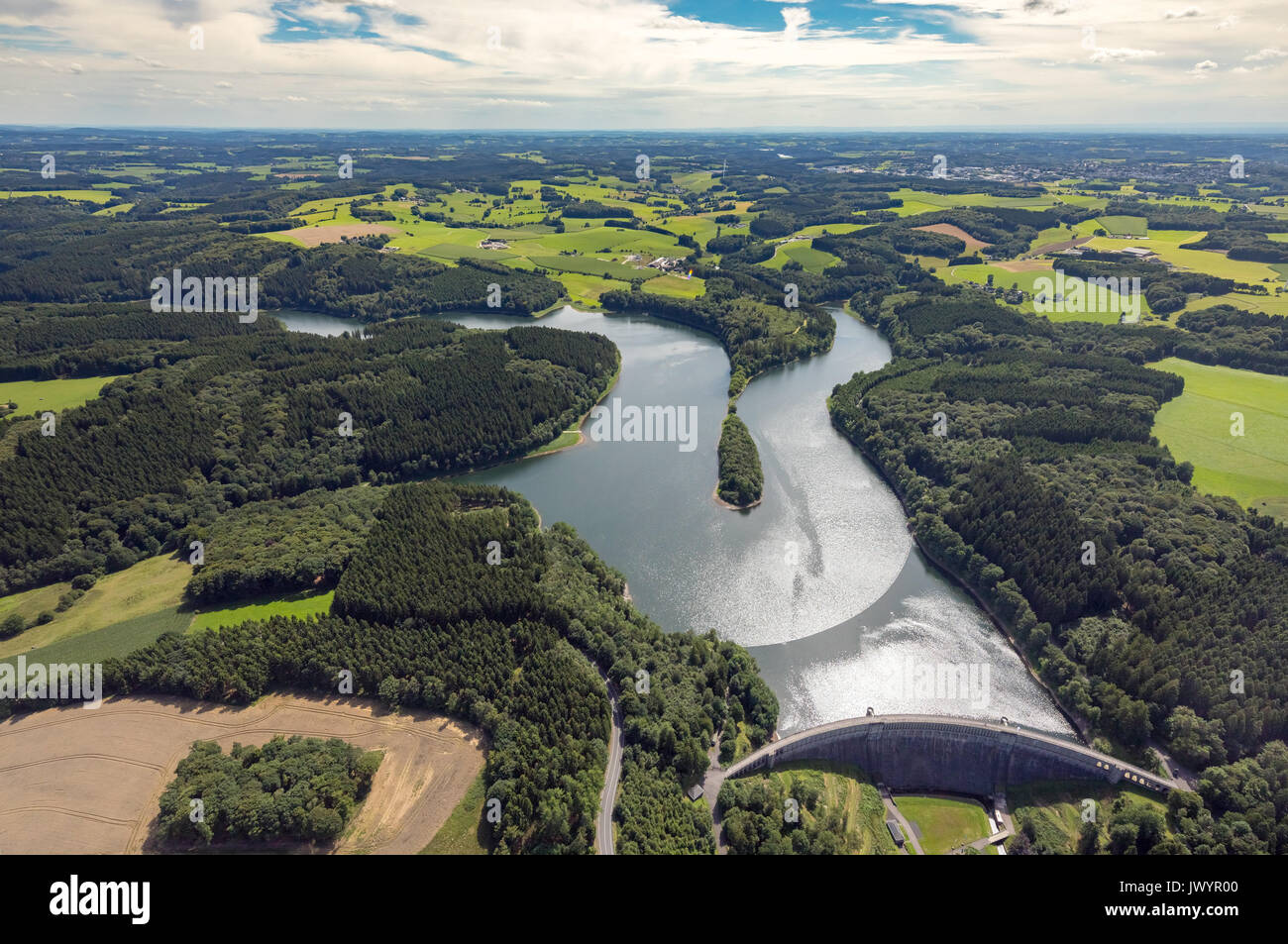 Diga Ennepetal Radevormwald, fiume Ennepe, Bergisches paese paesaggio di campi, Ennepetal, Ruhr, Renania settentrionale-Vestfalia, Germania, Ennepetal, Europa, Aeria Foto Stock