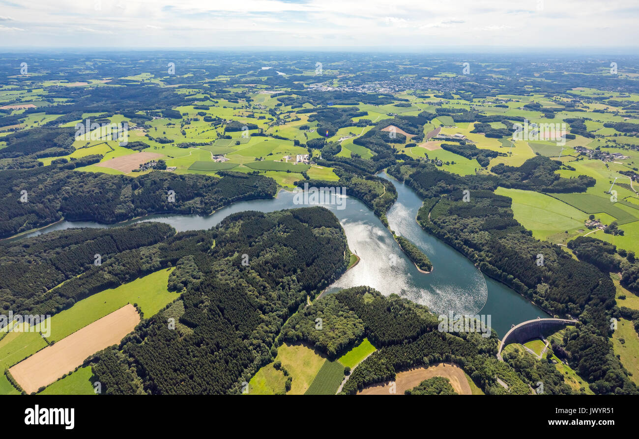 Diga Ennepetal Radevormwald, fiume Ennepe, Bergisches paese paesaggio di campi, Ennepetal, Ruhr, Renania settentrionale-Vestfalia, Germania, Ennepetal, Europa, Aeria Foto Stock