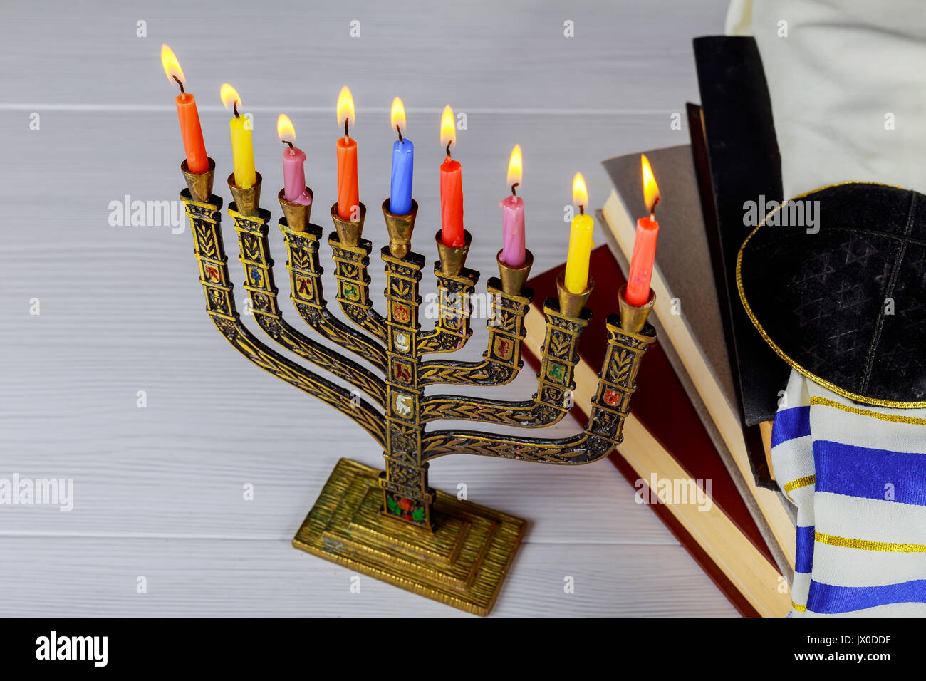 Una vita ancora composto di elementi del popolo ebraico Chanukah Hanukkah festival. festa ebraica Hanukkah Foto Stock