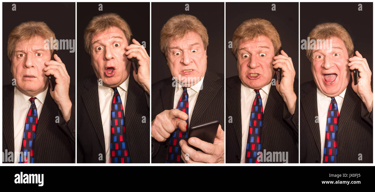 Collage di immagini di successo di un uomo anziano con emozioni diverse Foto Stock