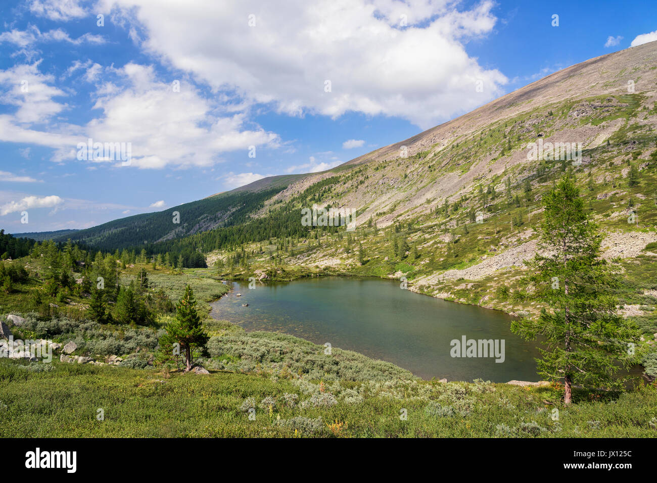 Estate paesaggio di montagna: pietre intorno a freddo profondo Tarn (Karakolsky laghi, Altai) Foto Stock