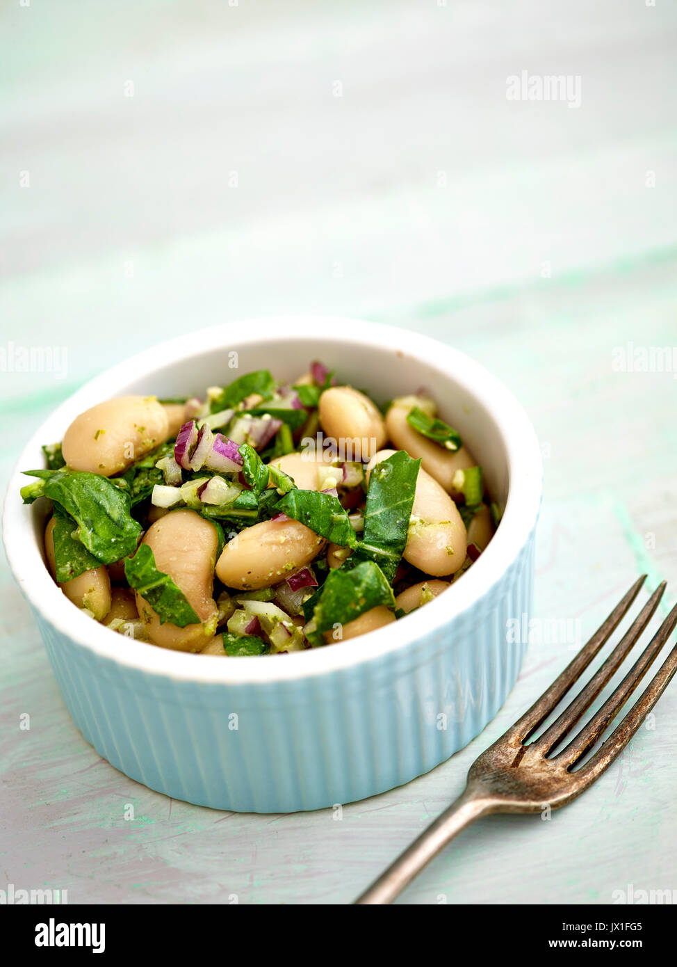 Fagiolo di burro kale e insalata di cipolla Foto Stock