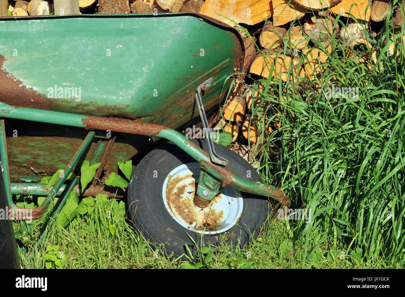 Una vecchia carriola verde in appoggio contro una Tettoia da giardino per uso riordino il giardino del mutare delle stagioni. Foto Stock