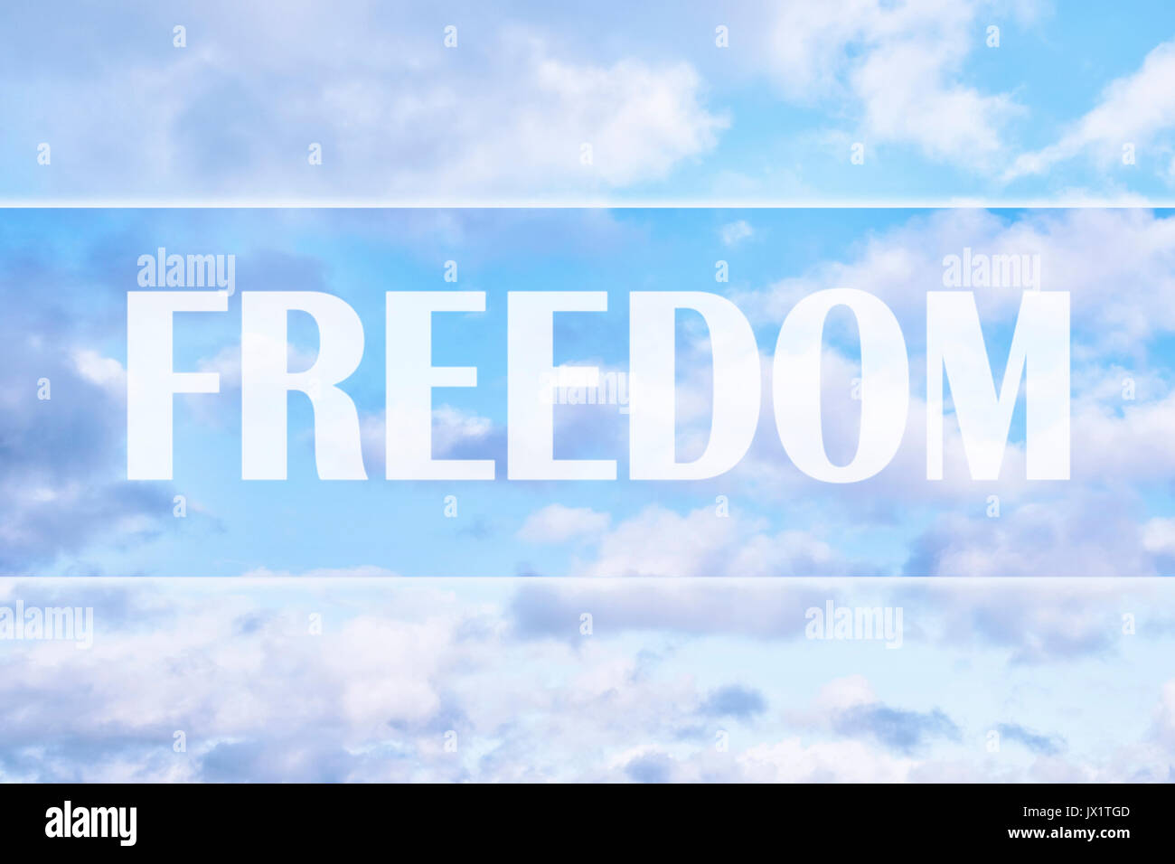 Libertà parola sul cielo blu come sfondo astratto Foto Stock